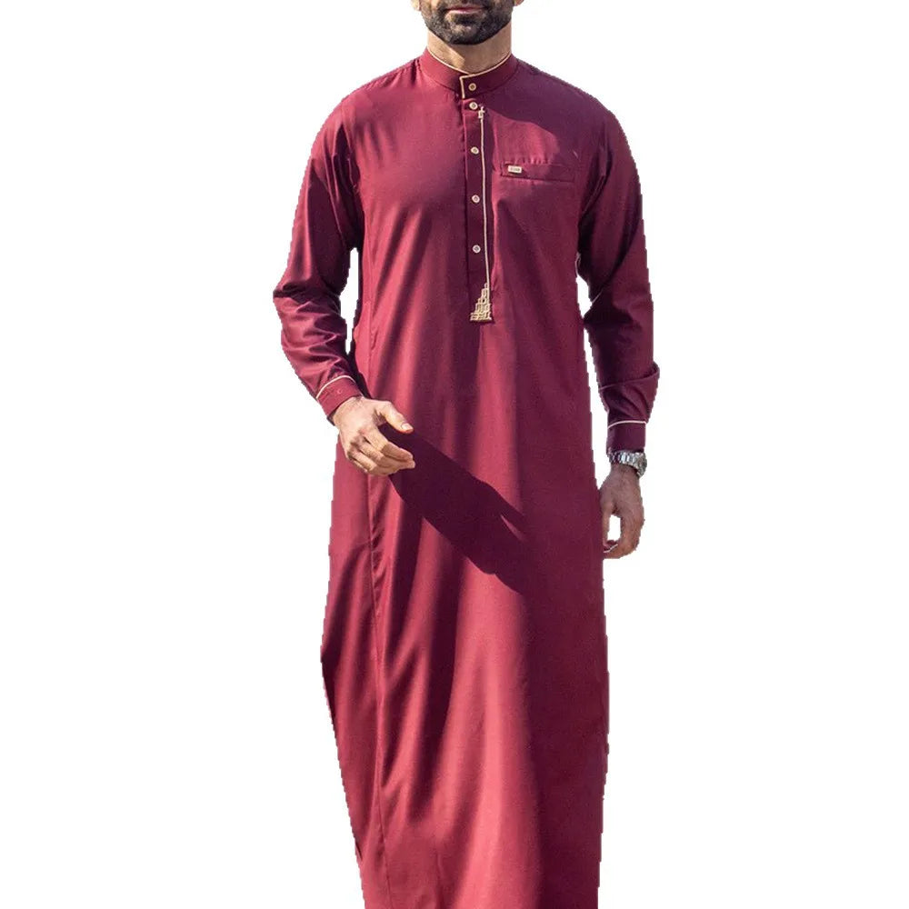 Men's Traditional Saudi Arabia Middle East Style Red Embroidered Prayer Long Sleeve Robe Islamic Qamis
