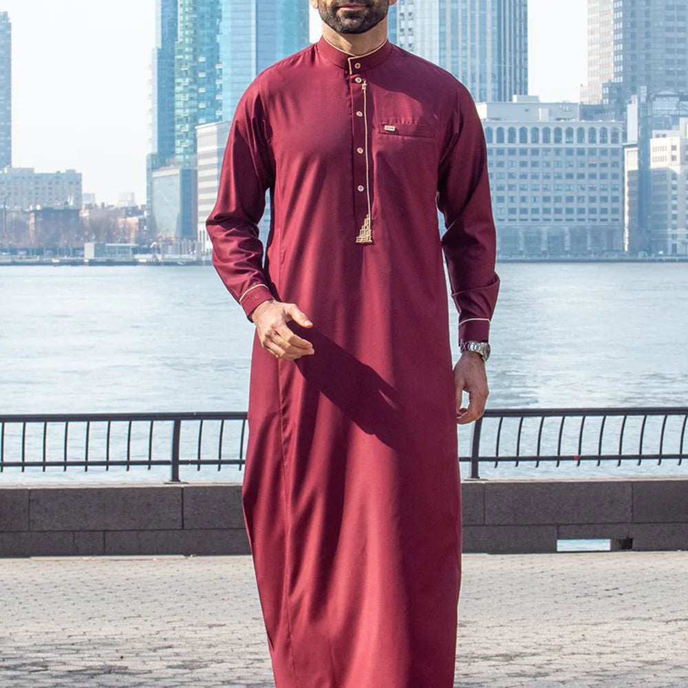 Men's Traditional Saudi Arabia Middle East Style Red Embroidered Prayer Long Sleeve Robe Islamic Qamis