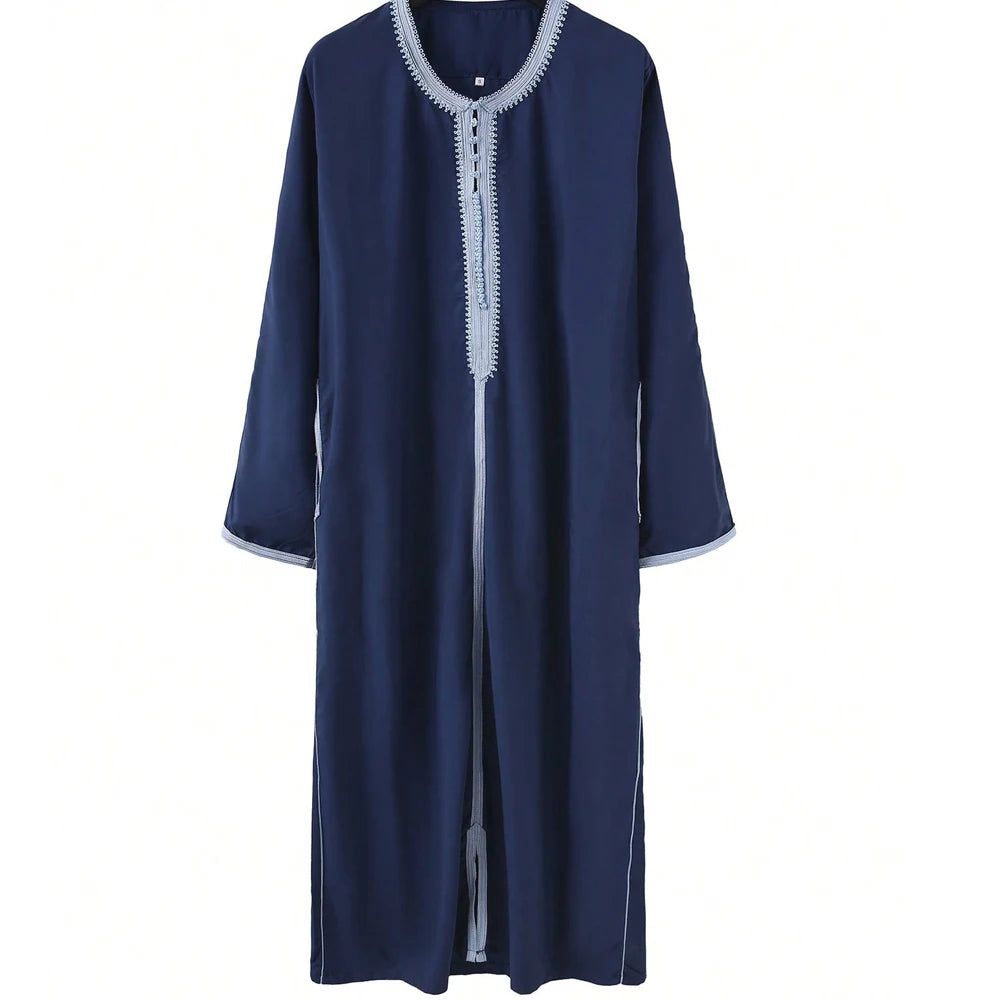 New Muslim Men's Thobe Embroidery Splicing Moroccan Luxury Elegant Robe Kandora Men's Burqa Islamic Loose Traditional Clothing