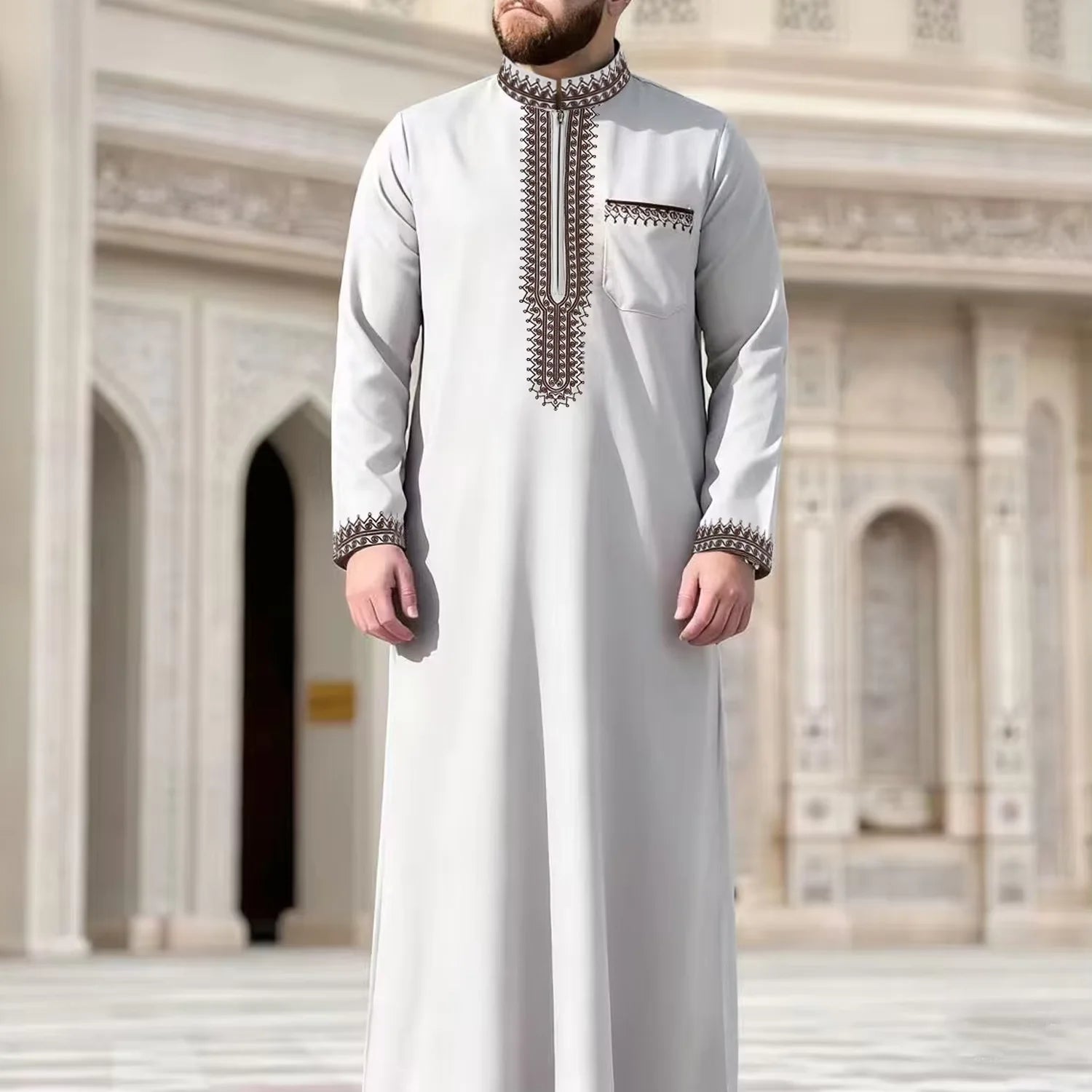 Muslim men's long robe, luxurious high-end fashionable embroidered robe, casual round neck daily holiday men's long robe