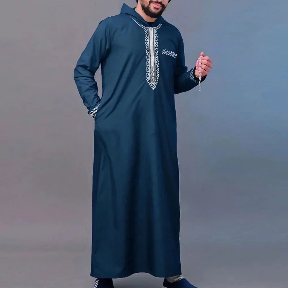 Muslim men's long robe, luxurious high-end fashionable embroidered robe, casual round neck daily holiday men's long robe