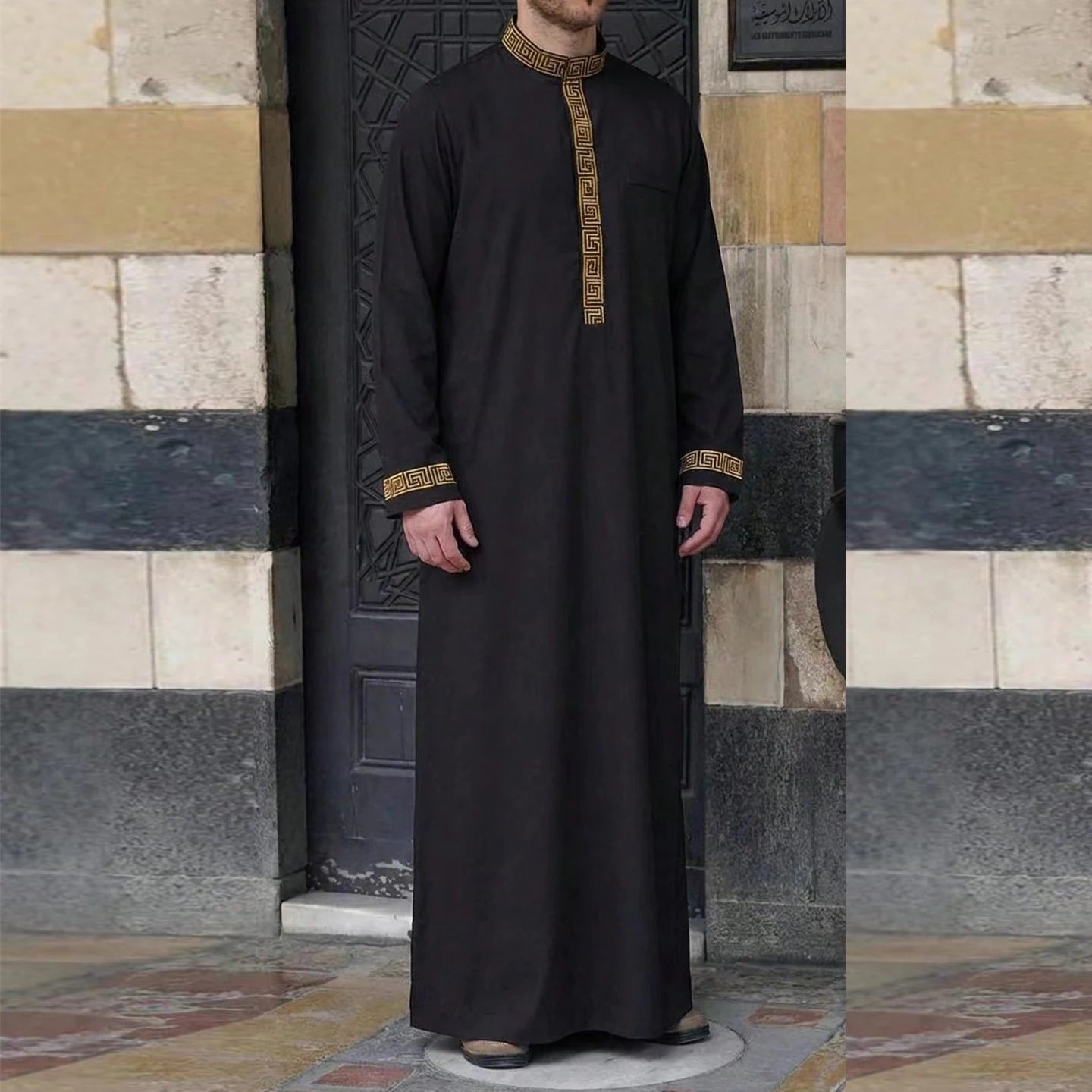 New Muslim Men's Thobe Embroidery Splicing Moroccan Luxury Elegant Robe Kandora Men's Burqa Islamic Loose Traditional Clothing