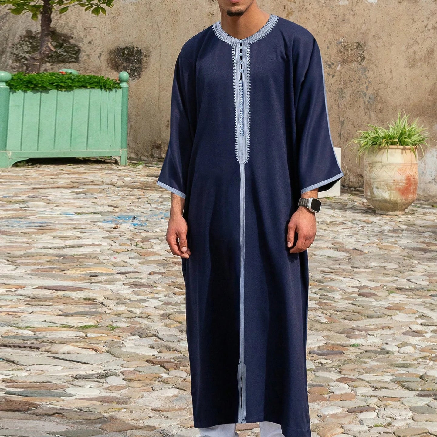 New Muslim Men's Thobe Embroidery Splicing Moroccan Luxury Elegant Robe Kandora Men's Burqa Islamic Loose Traditional Clothing