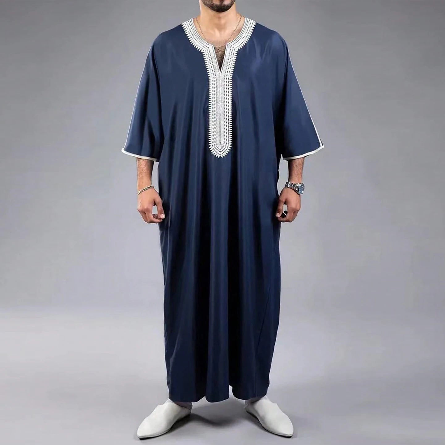 New Islamic Muslim Men's Thobe Long-sleeved Classic Embroidery Robe Arabic Ethnic Style Men's Casual Formal Robe Prayer Dress