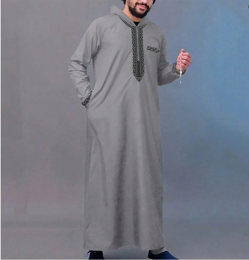 Muslim men's long robe, luxurious high-end fashionable embroidered robe, casual round neck daily holiday men's long robe