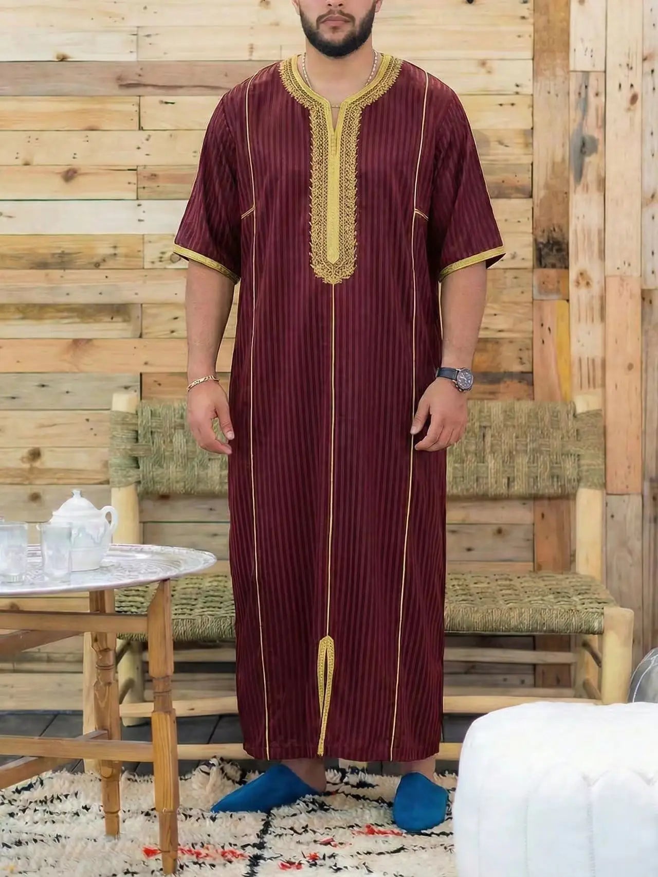 New Islamic Muslim Men's Thobe Long-sleeved Classic Embroidery Robe Arabic Ethnic Style Men's Casual Formal Robe Prayer Dress