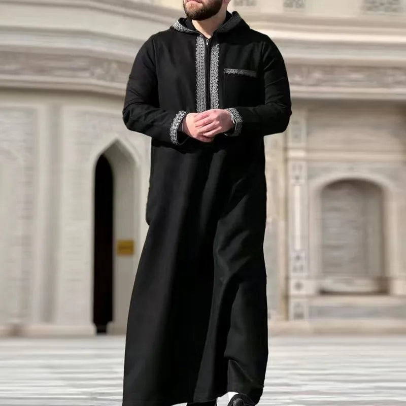 Muslim men's long robe, luxurious high-end fashionable embroidered robe, casual round neck daily holiday men's long robe
