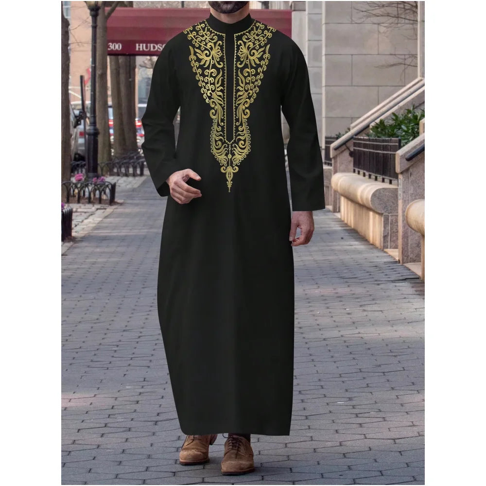 Muslim men's long robe, luxurious high-end fashionable embroidered robe, casual round neck daily holiday men's long robe