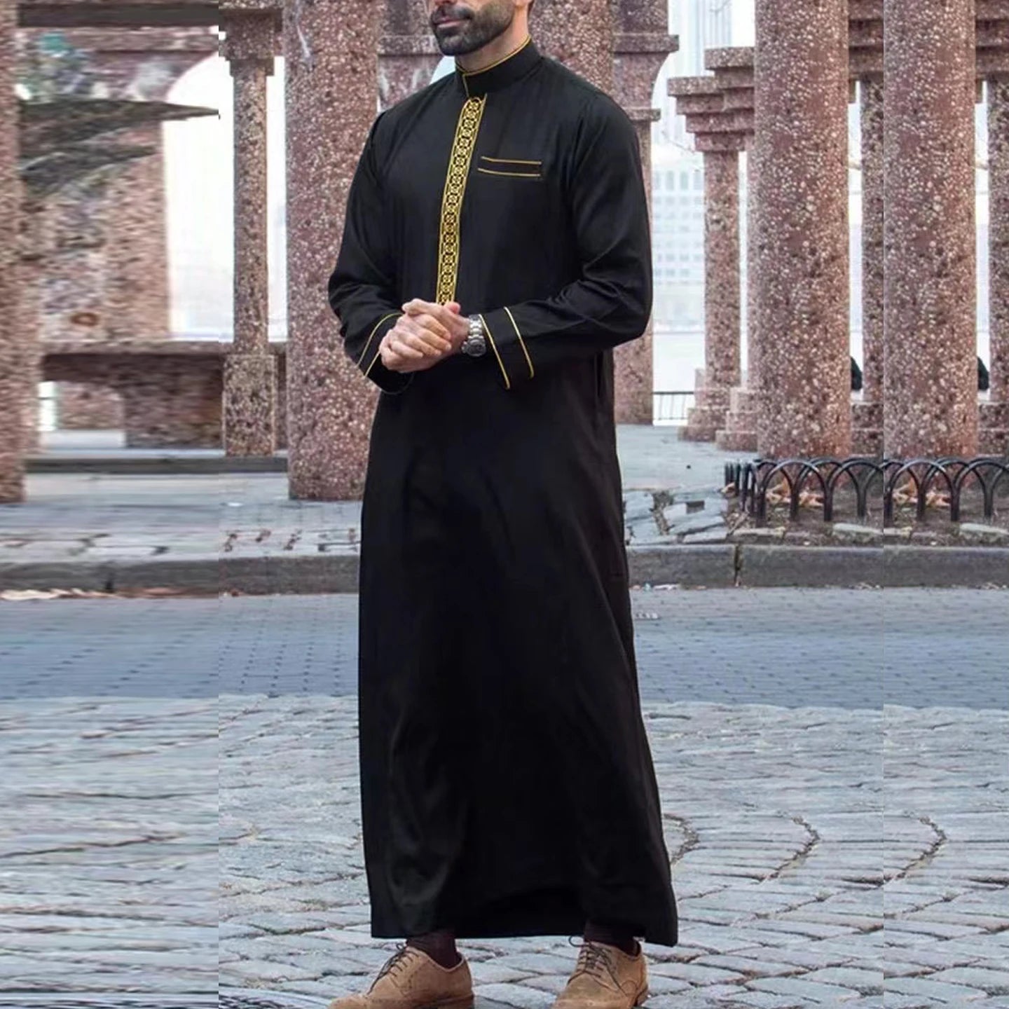 New Muslim Men's Thobe Embroidery Splicing Moroccan Luxury Elegant Robe Kandora Men's Burqa Islamic Loose Traditional Clothing