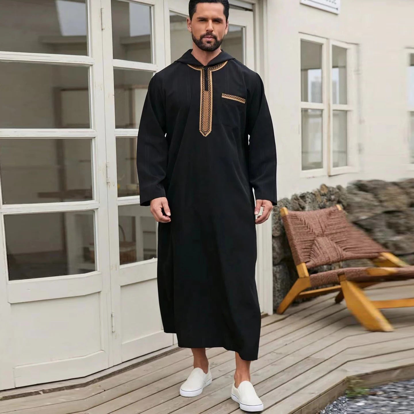 New Muslim Men's Thobe Embroidery Splicing Moroccan Luxury Elegant Robe Kandora Men's Burqa Islamic Loose Traditional Clothing