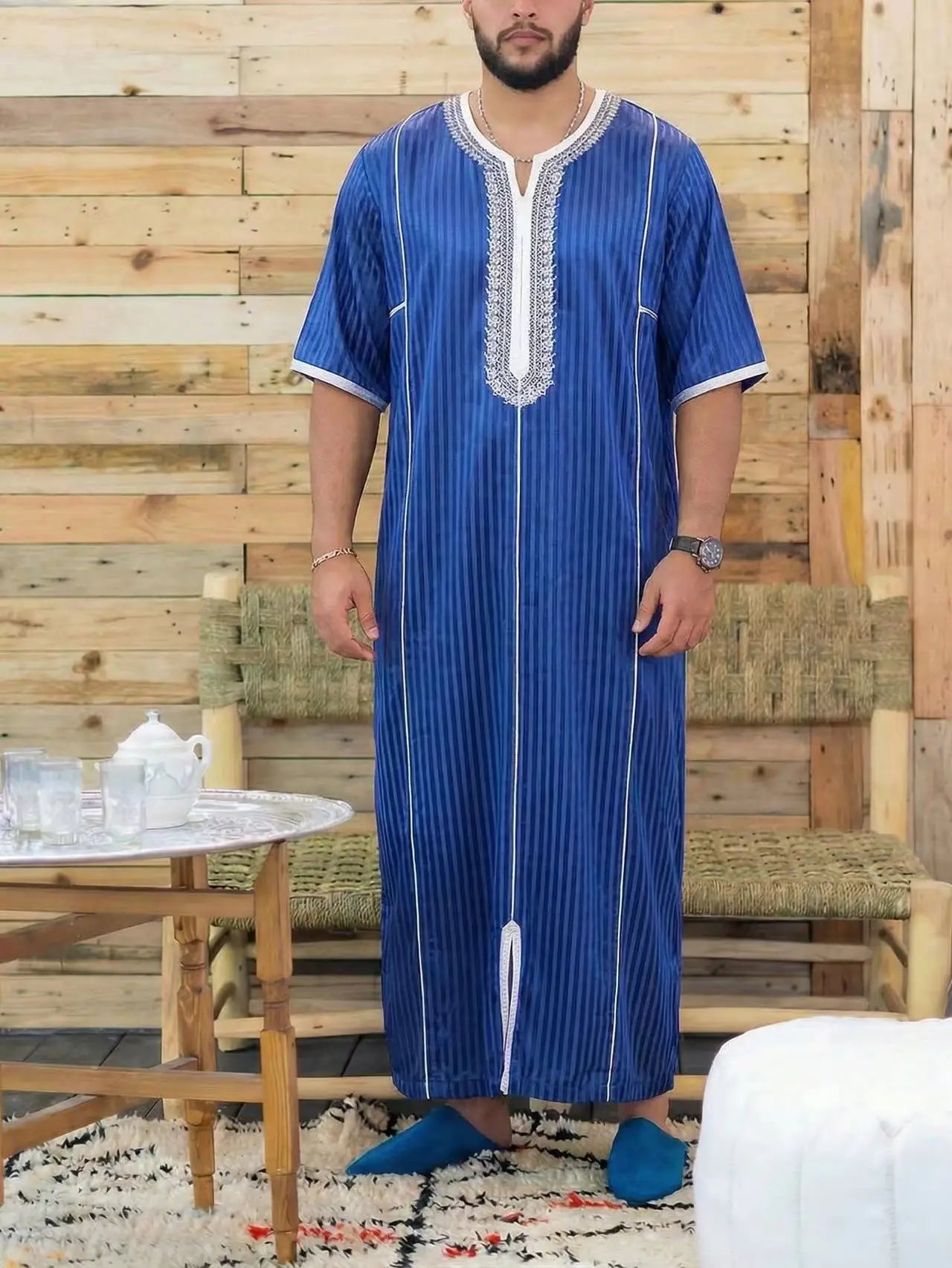 New Islamic Muslim Men's Thobe Long-sleeved Classic Embroidery Robe Arabic Ethnic Style Men's Casual Formal Robe Prayer Dress