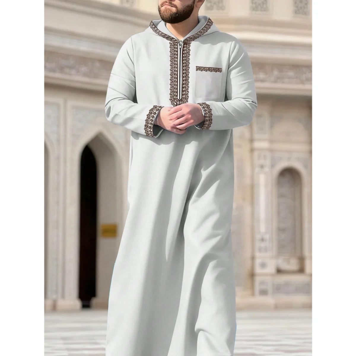 Muslim men's long robe, luxurious high-end fashionable embroidered robe, casual round neck daily holiday men's long robe