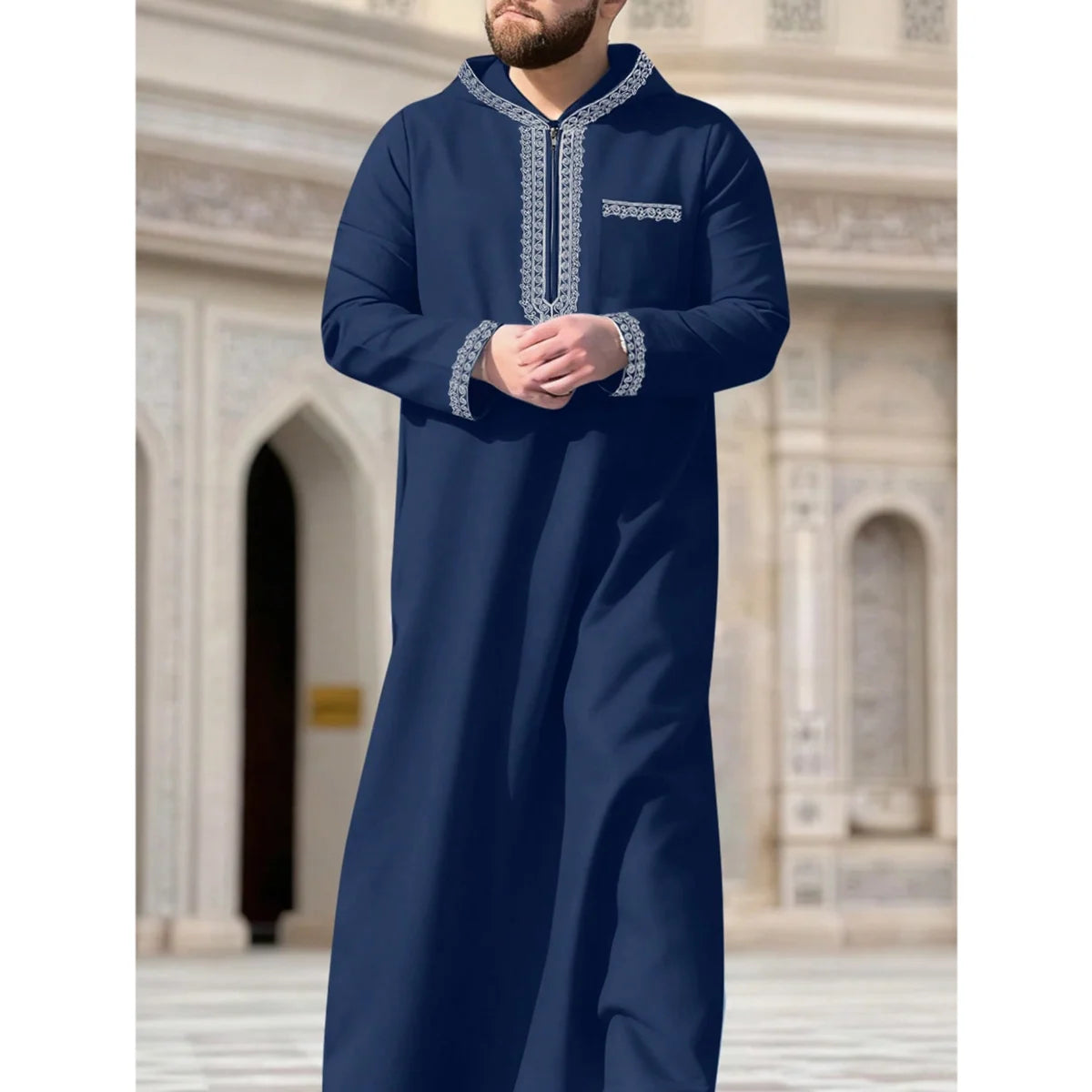 Muslim men's long robe, luxurious high-end fashionable embroidered robe, casual round neck daily holiday men's long robe