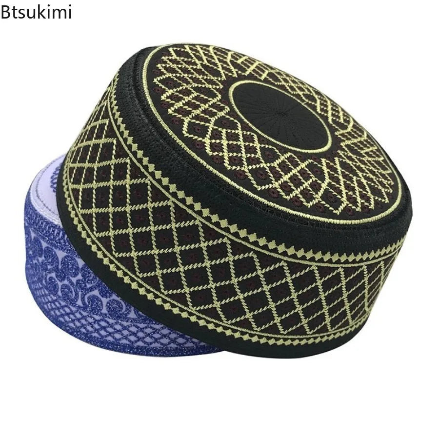 Muslim Fashion Men Prayer Hats Saudi Arabia Head Wear Islamic Clothing Vintage Embroidery Cap Ramadan Flat-top Hat
