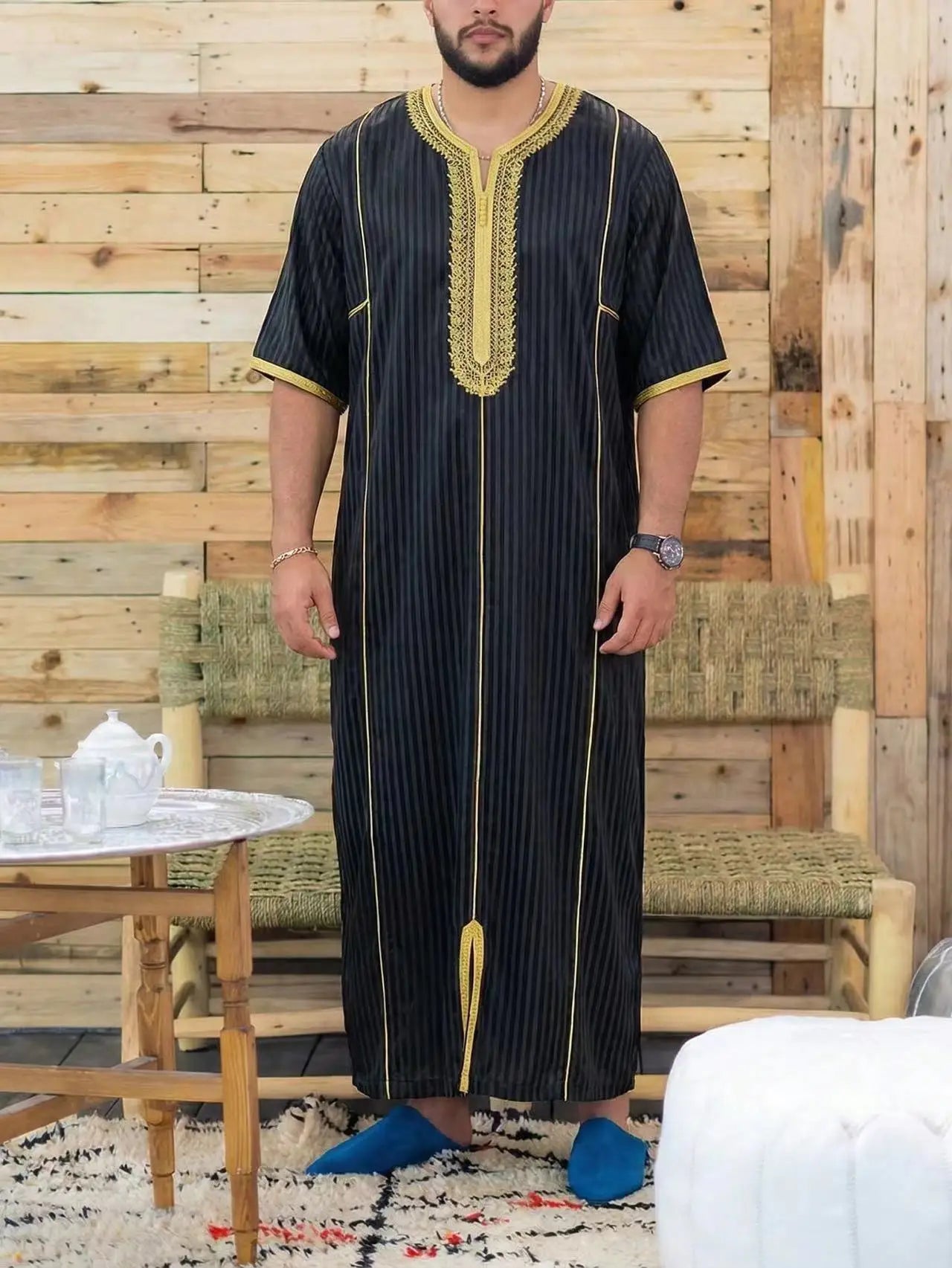 New Islamic Muslim Men's Thobe Long-sleeved Classic Embroidery Robe Arabic Ethnic Style Men's Casual Formal Robe Prayer Dress