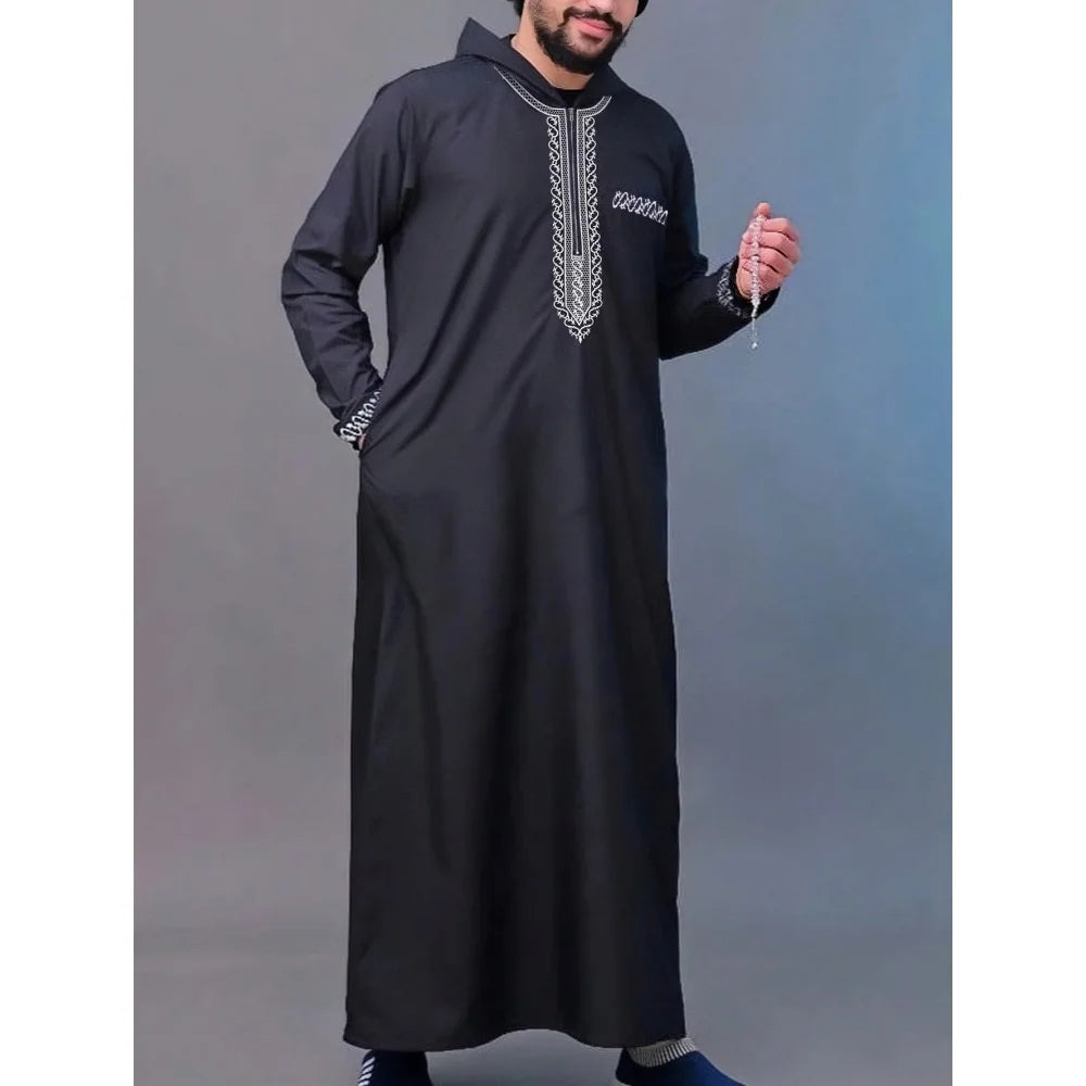 Muslim men's long robe, luxurious high-end fashionable embroidered robe, casual round neck daily holiday men's long robe