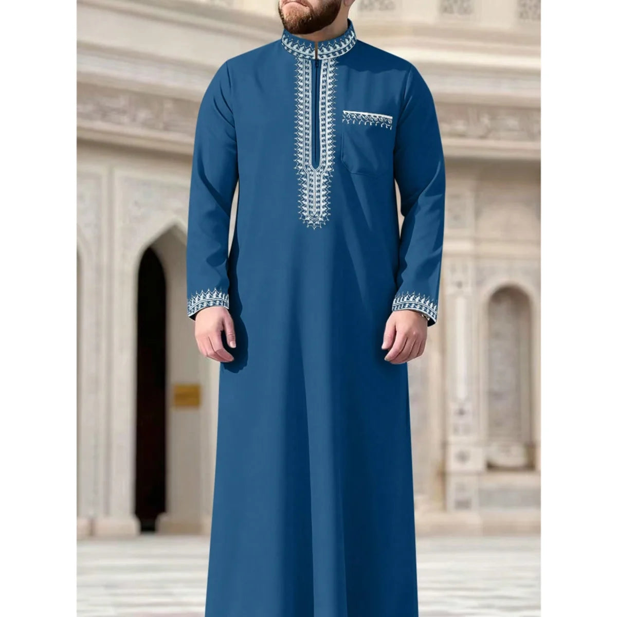 Muslim men's long robe, luxurious high-end fashionable embroidered robe, casual round neck daily holiday men's long robe