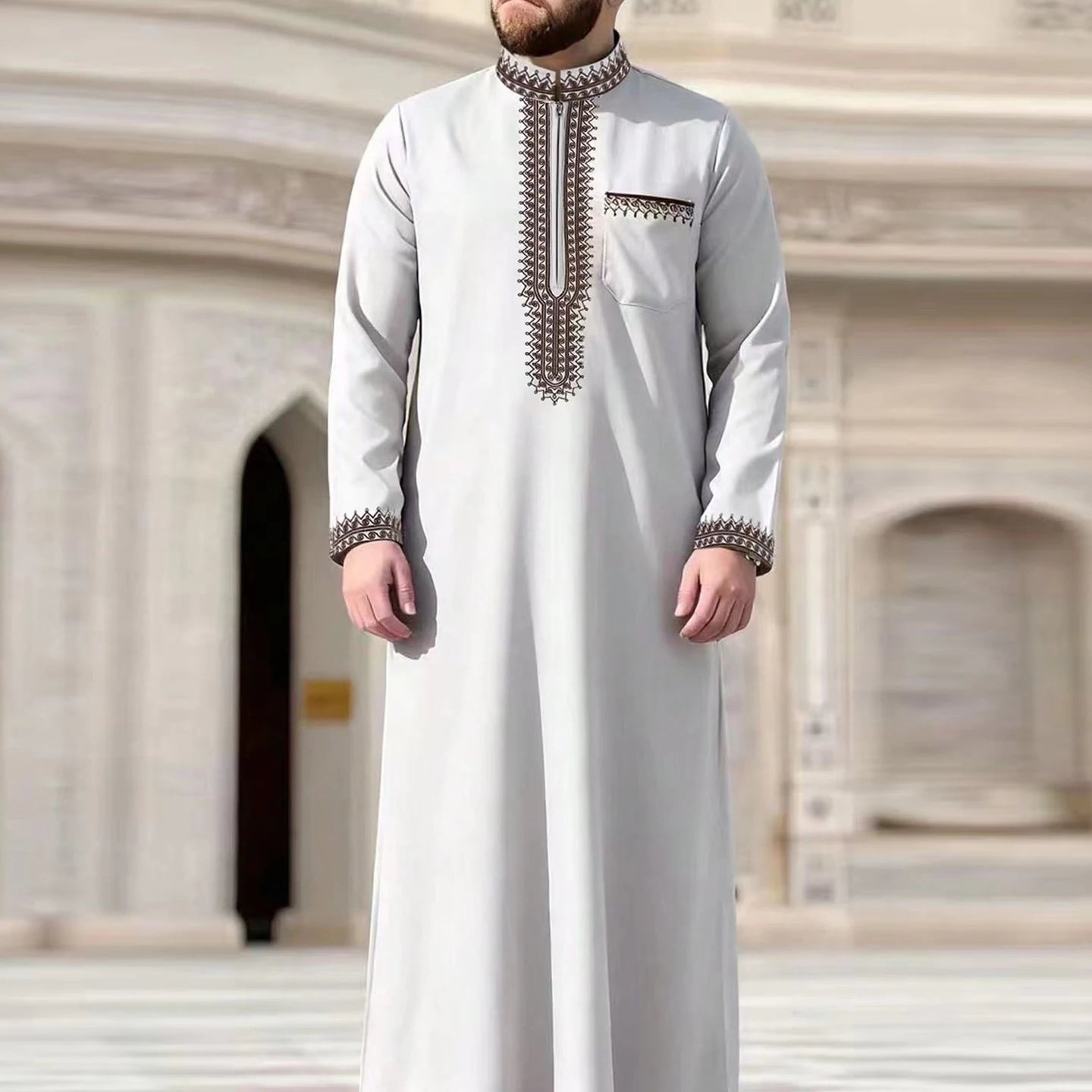 New Muslim Men's Thobe Embroidery Splicing Moroccan Luxury Elegant Robe Kandora Men's Burqa Islamic Loose Traditional Clothing