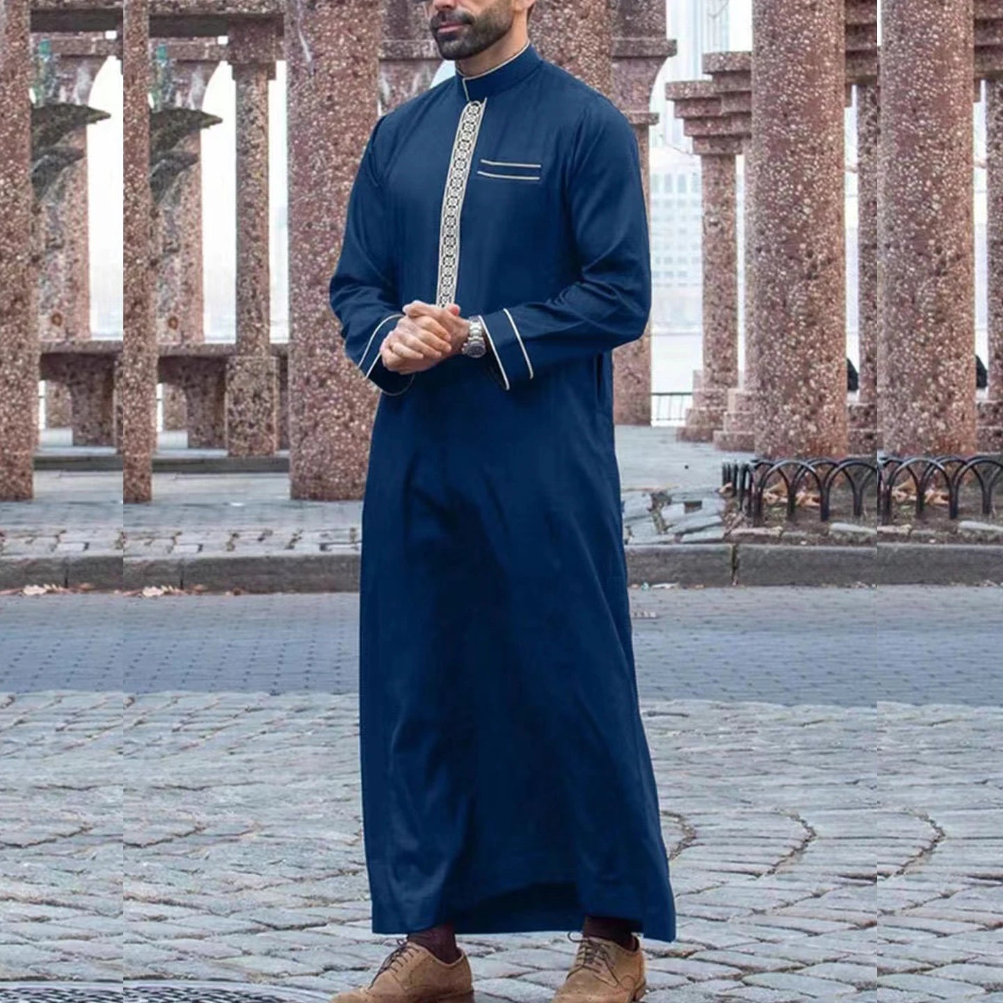 New Muslim Men's Thobe Embroidery Splicing Moroccan Luxury Elegant Robe Kandora Men's Burqa Islamic Loose Traditional Clothing