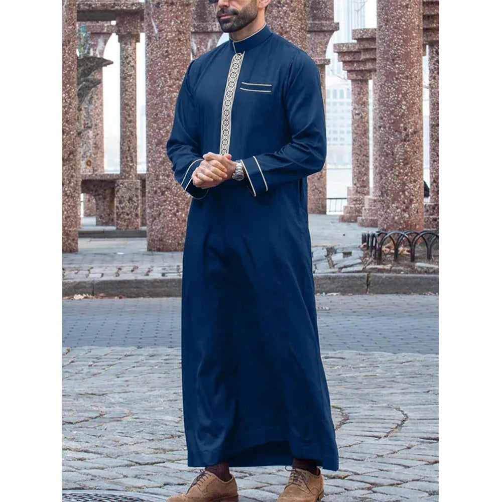 Muslim men's long robe, luxurious high-end fashionable embroidered robe, casual round neck daily holiday men's long robe