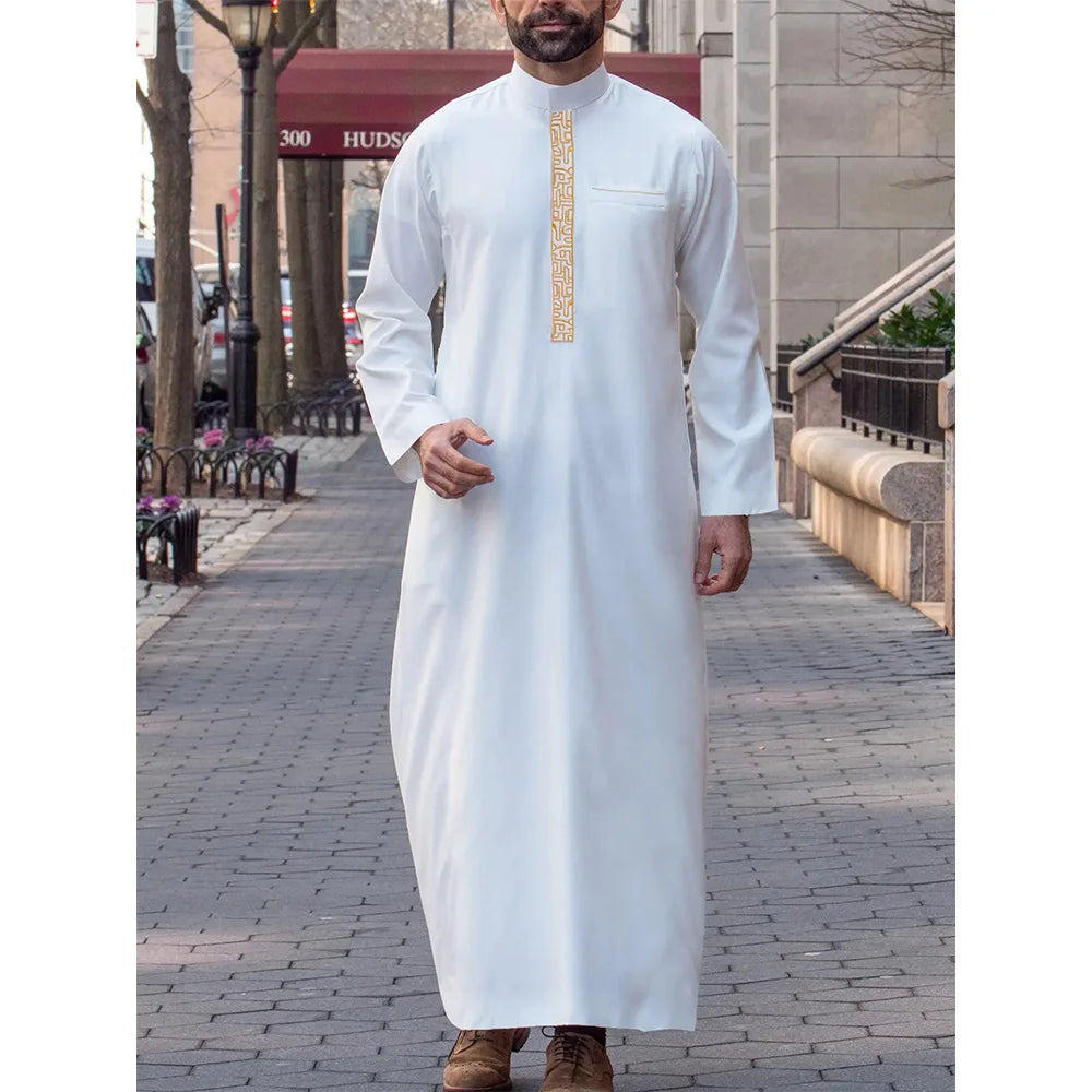 Muslim men's long robe, luxurious high-end fashionable embroidered robe, casual round neck daily holiday men's long robe