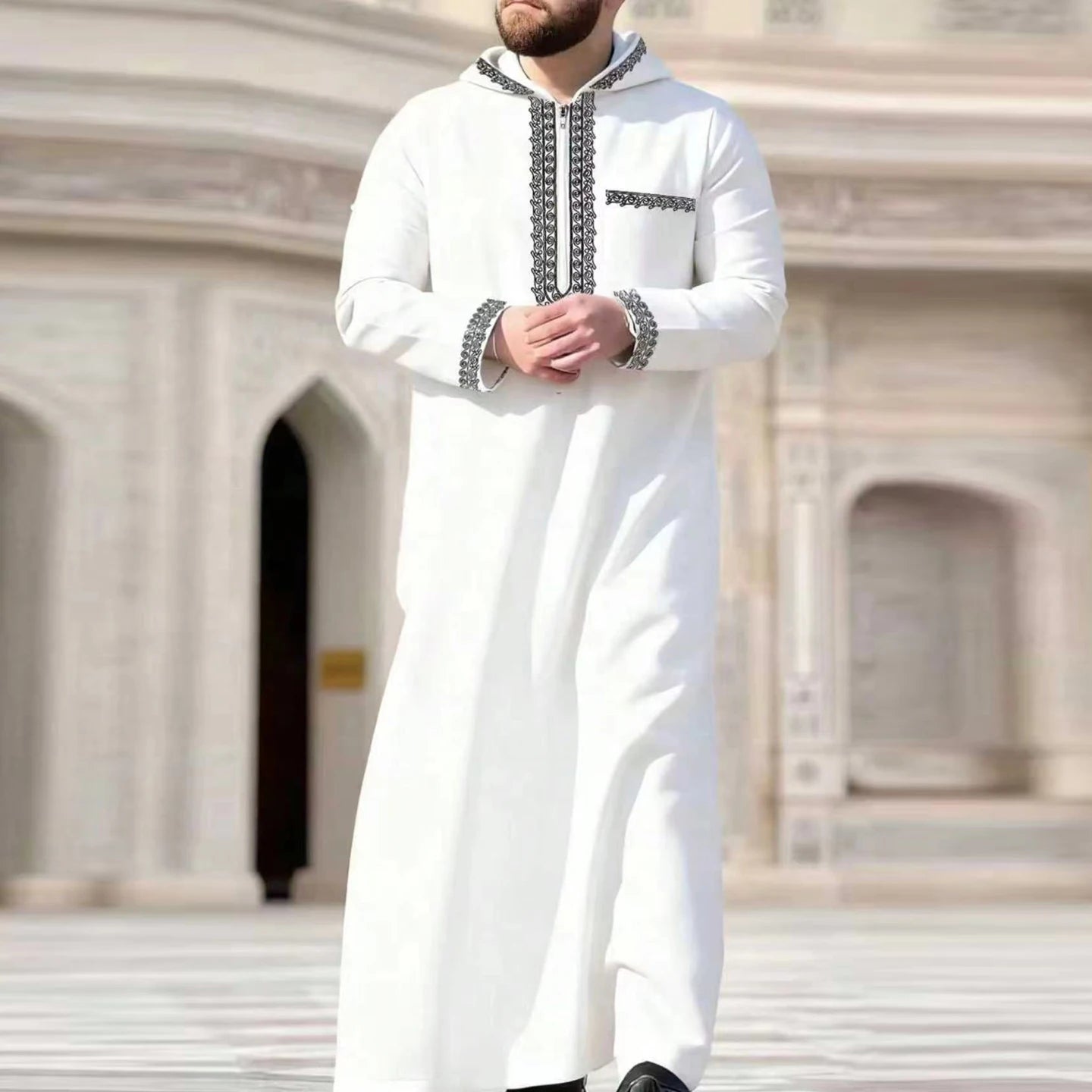 New Muslim Men's Thobe Embroidery Splicing Moroccan Luxury Elegant Robe Kandora Men's Burqa Islamic Loose Traditional Clothing