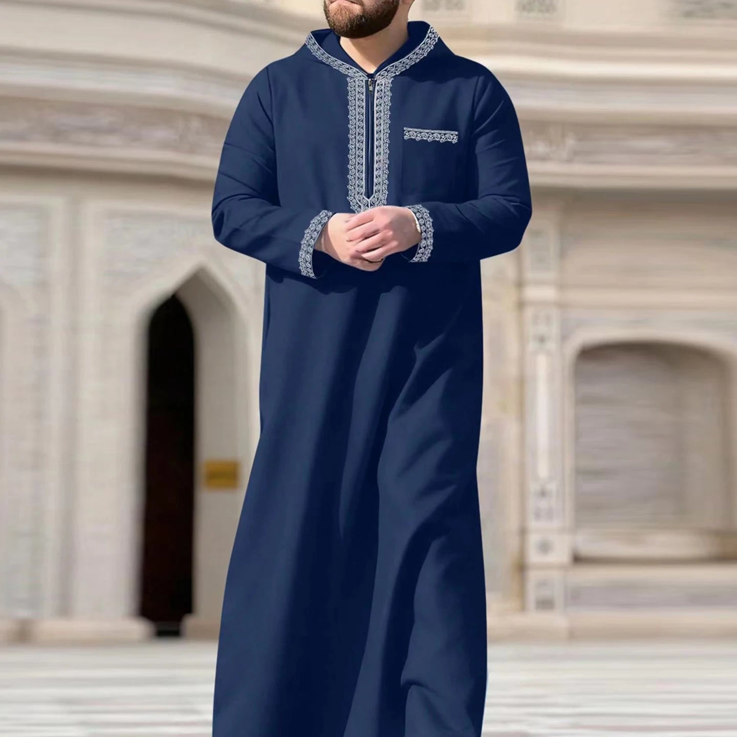 New Islamic Muslim Men's Thobe Long-sleeved Classic Embroidery Robe Arabic Ethnic Style Men's Casual Formal Robe Prayer Dress