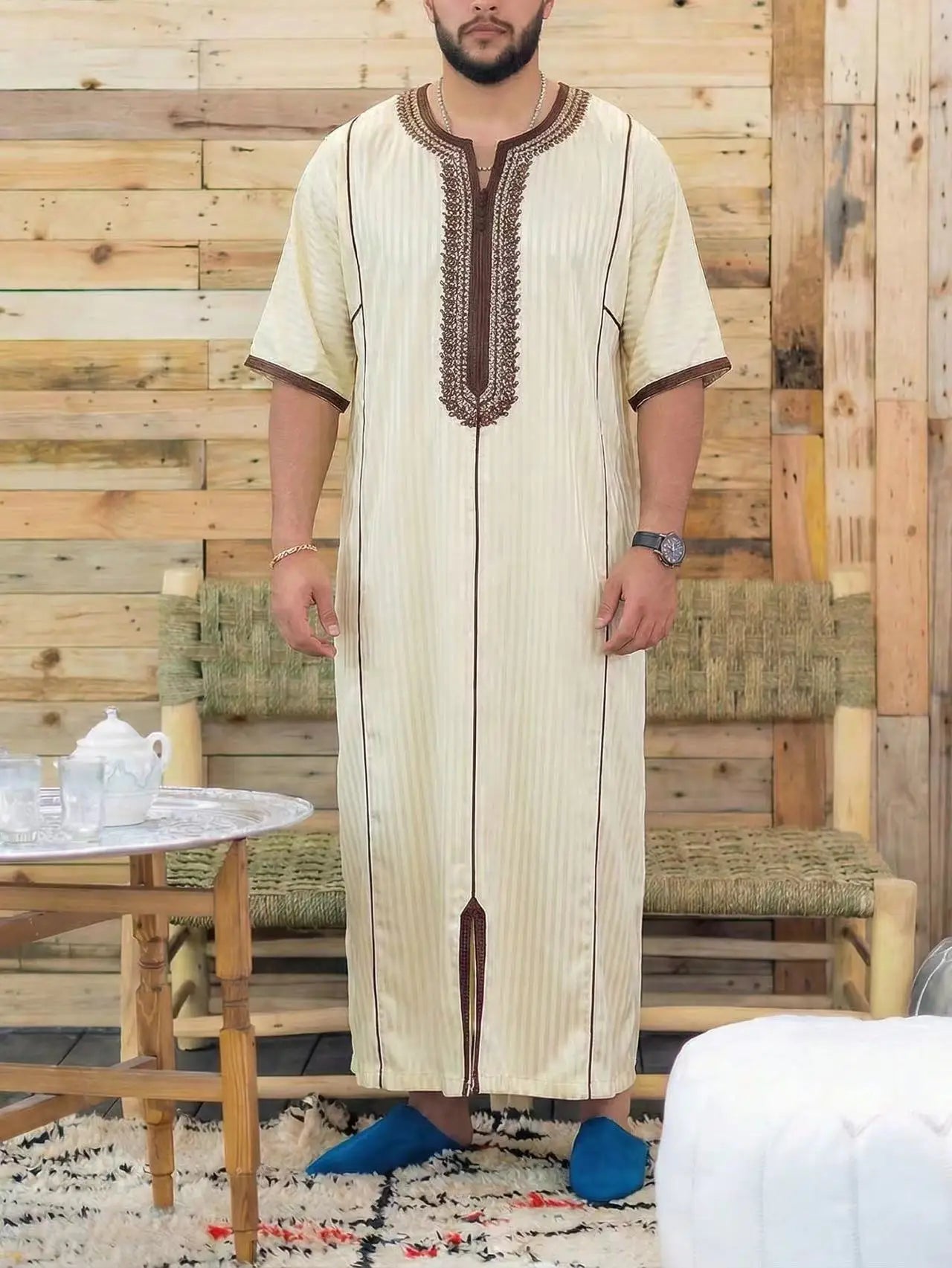 New Islamic Muslim Men's Thobe Long-sleeved Classic Embroidery Robe Arabic Ethnic Style Men's Casual Formal Robe Prayer Dress