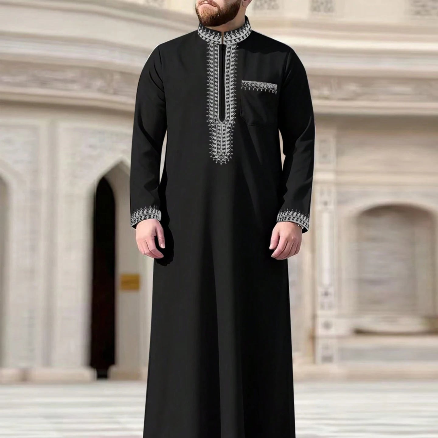 New Islamic Muslim Men's Thobe Long-sleeved Classic Embroidery Robe Arabic Ethnic Style Men's Casual Formal Robe Prayer Dress