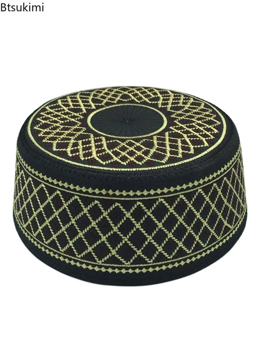 Muslim Fashion Men Prayer Hats Saudi Arabia Head Wear Islamic Clothing Vintage Embroidery Cap Ramadan Flat-top Hat
