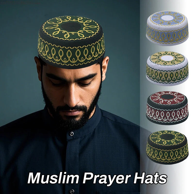 Kids Muslim Hat Ethnic Style Men Prayer Hats Adult Embroidery Arabia Turban Cap Flat Top Hats Arab Saudi Arabia Islamic Hat