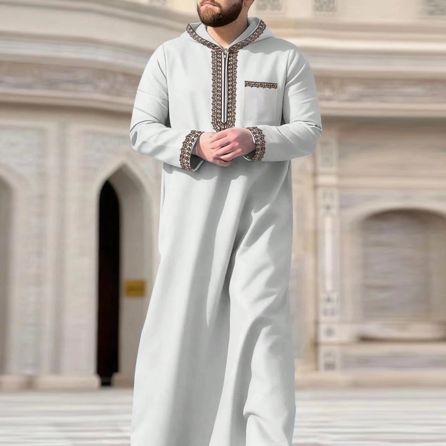 New Muslim Men's Thobe Embroidery Splicing Moroccan Luxury Elegant Robe Kandora Men's Burqa Islamic Loose Traditional Clothing